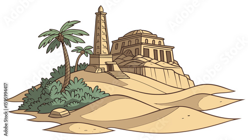 -a-desert-island-hovering-over-dunes,Vector art of a cartoon drawing of a desert castle oasis with palm trees and sand dunes