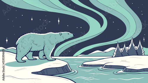 Vector art of a polar bear stands under the aurora borealis in a snowy arctic landscape