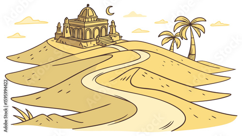 Vector art of a cartoon drawing of a desert castle on sand dunes with a moon in the sky