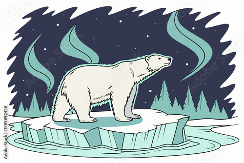 Vector art of a majestic polar bear stands on an iceberg under the mesmerizing aurora borealis