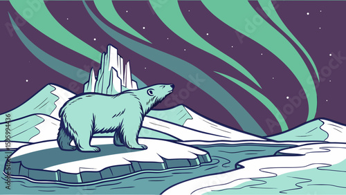 Vector art of a polar bear gazes at the aurora borealis in a snowy arctic landscape