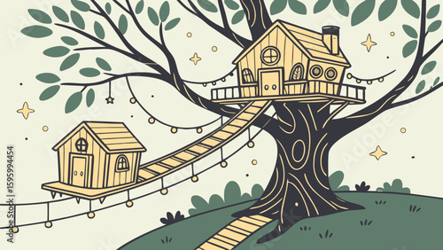 Vector art of a whimsical treehouse provides a magical escape for childrens playtime adventures , tree house of vector art 