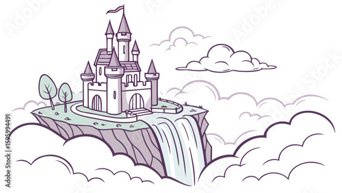 Vector art of a whimsical castle sits atop a floating island with a cascading waterfall