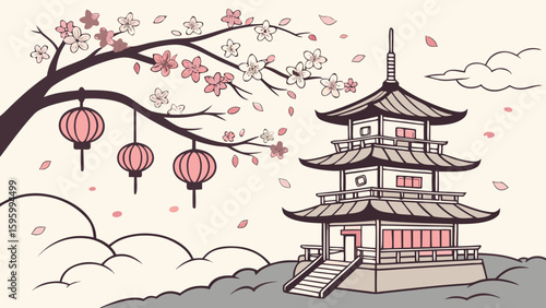 Vector art of a traditional japanese pagoda stands amidst cherry blossoms and hanging lanterns