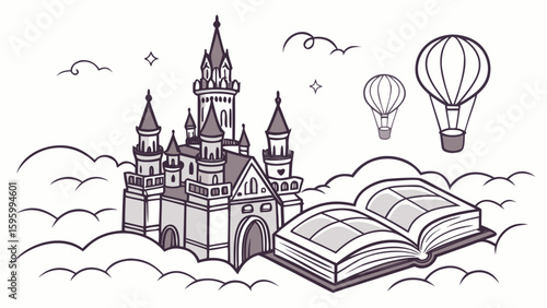 Vector art of a grand castle, open book, and floating balloons create a magical scene in the clouds, “Fairytale Castle on Open Book with Floating Balloons in Clouds – Fantasy Vector Illustration”

