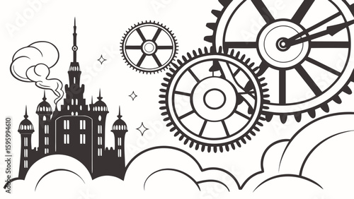 Vector art of a silhouette of a castle with gears and clouds creates a fantastical steampunk scene