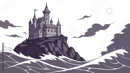 Vector art of a majestic castle sits atop a rocky cliff overlooking a stormy sea illustration
