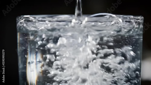Crystal Clear Refreshment Water Pouring Into Glass with Bubbles in Liquid Motion