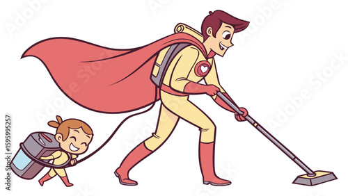 Vector art of a superhero dad vacuums with his daughter, isolated on white background