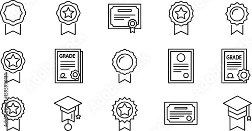 Vector art of a collection of line art icons depicting academic achievements, including badges, certificates, and graduation caps, symbolizing success and educational milestones