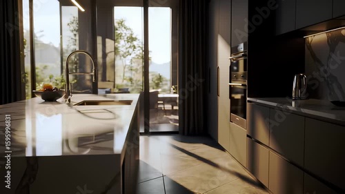 Modern Kitchen Interior Showcasing Elegant Marble Countertops and Sleek Appliances in a Spacious Design With Natural Light