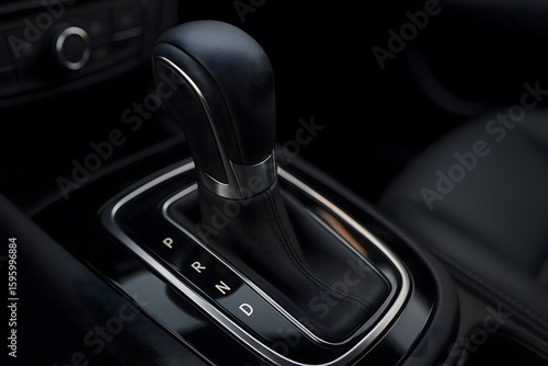 Modern car automatic transmission gear shifter with leather handle showing P R N D positions on glossy black console interior detail