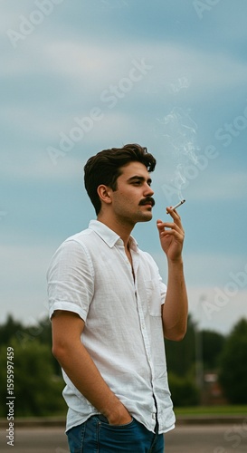Young Man with Moustache Smoking a Cigarette Outdoors