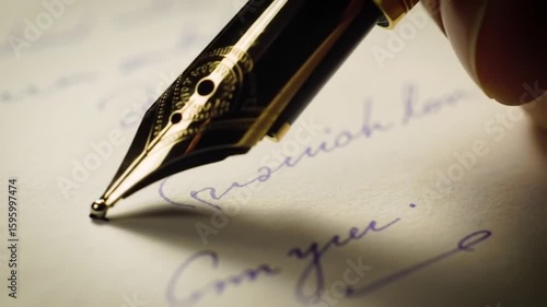 Elegant Fountain Pen Detail Calligraphy in Progress on Cream Paper for Classic Writing