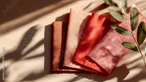 Elegant Fabric Swatches with Leaf Shadows Showcasing Textures and Warm Earth Tones