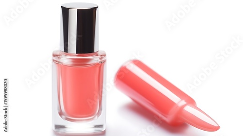 A close-up of a translucent coral pink nail polish bottle with a single glossy drop hanging from the brush, casting a soft reflection on the white background, full frame, realistic lighting, liquid 