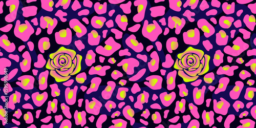 Seamless leopard print with a rose in hot pink, lime green, and dark violet. Bright leopard background with gradients in a neon palette. Perfect for fashion design, textile and Y2K-style background