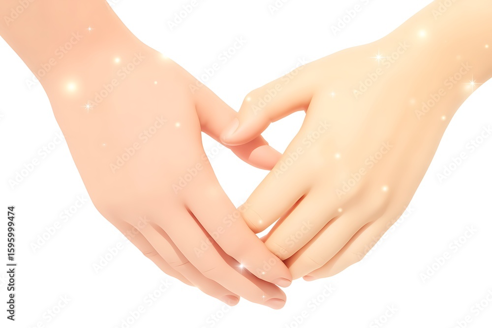 Fototapeta premium Hands come together to form a heart shape with magical sparkling light on a white background