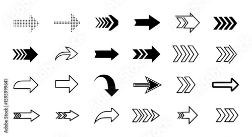 Collection of various arrow designs pointing right in black and white style transparent background , no background