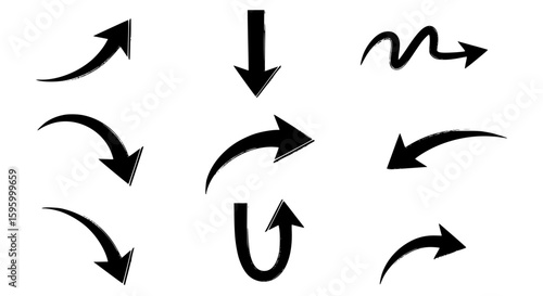 Collection of black directional arrows pointing in various directions transparent background , no background