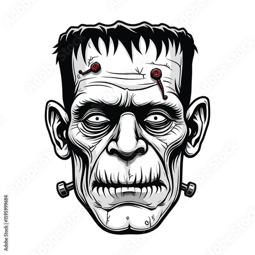 Classic Frankenstein monster with bolts and stitched forehead