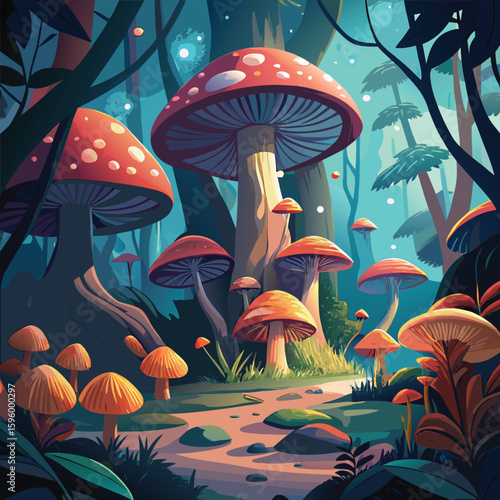 Seamless cartoon illustration of various forest mushrooms and fungi on grass and leaves, perfect for an autumn nature pattern