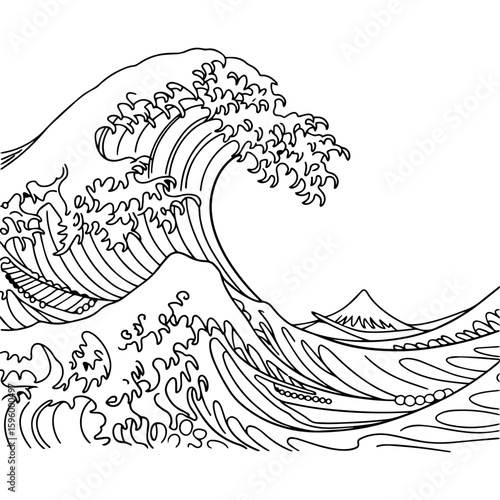 Clean and modern vector  explore japanese art wave drawing with mount fuji inspired line art ocean sea illustration vector design
