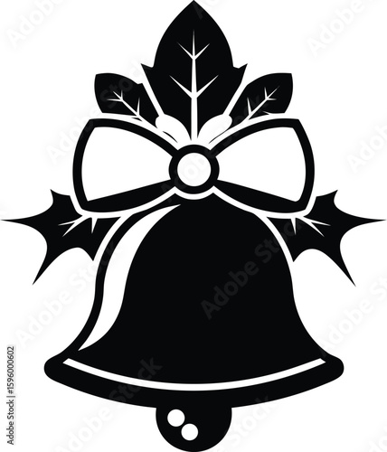 Golden Christmas bells with red ribbon and holly, a festive floral decoration illustration