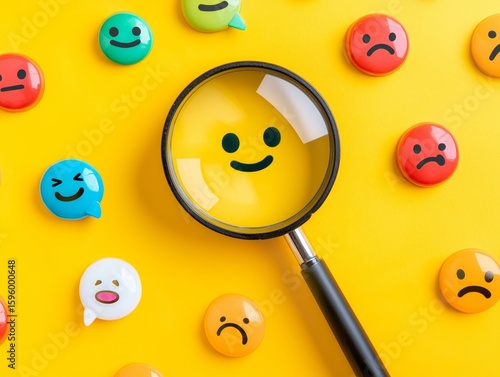 Colorful emoji faces on a bright yellow background, with a magnifying glass focusing on a happy face. Concept of optimism, mood analysis, and emotional intelligence.