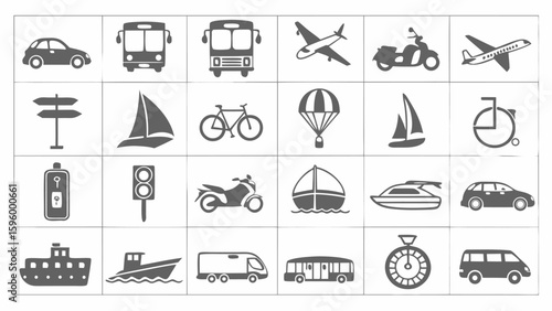 Collection of diverse transportation and travel icons including vehicles watercraft and directional signs