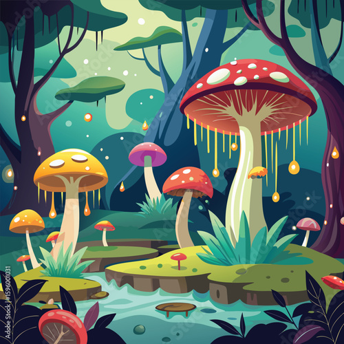 A cute seamless pattern featuring red toadstool mushrooms and green leaves scattered on a forest floor, perfect for a whimsical autumn design