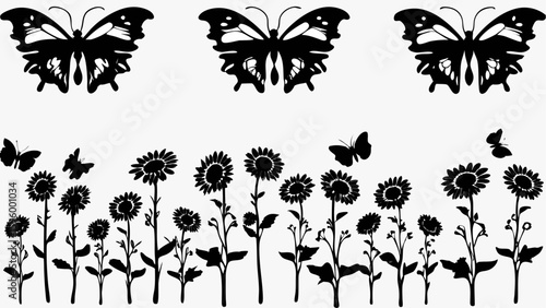 Three butterflies above a field of sunflowers in a black and white silhouette illustration style
