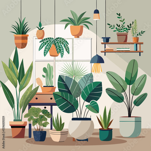 Indoor potted plants on a wooden table near a window