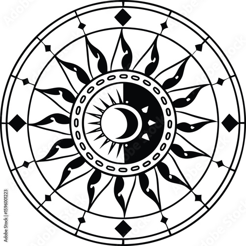 A symbolic business concept is an antique metal safe with a zodiac wheel, a spiral clock, and a star sign illustration