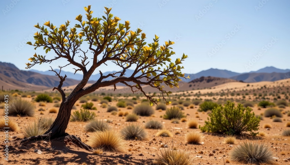 Desert Landscape, Isolated Tree, Arid Region, Nature Photography, Bright Sunlight, Ground Level, Serenity in Nature Desert Landscape, Isolated Tree, Arid Region, Nature Photography, Bright Sunlight, Ground Level, Serenity in Nature