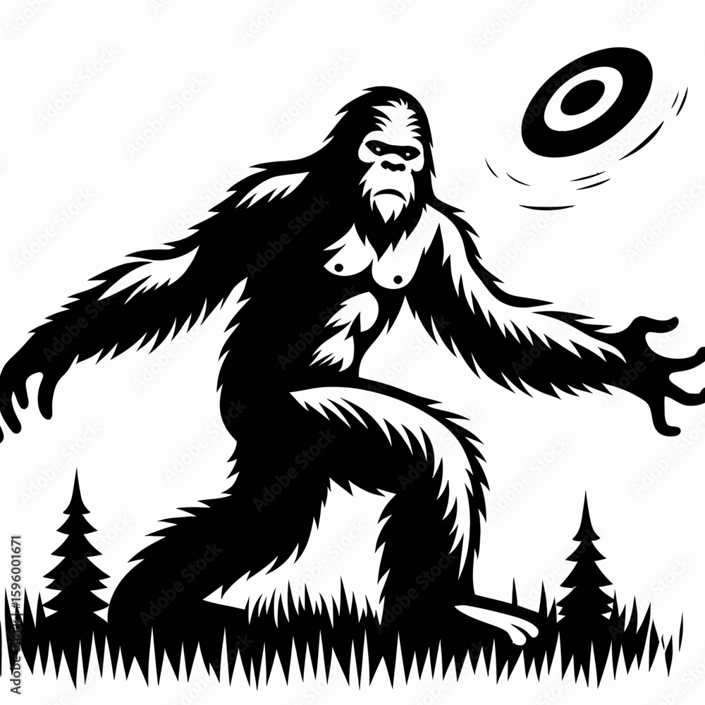 Fototapeta premium Bigfoot playing frisbee Labor Day. Sasquatch a Large Hairy Humanlike Creature Cartoon Animal Clipart Line Art Vector Illustration. Mythical throwing disc on the holiday weekend in early.