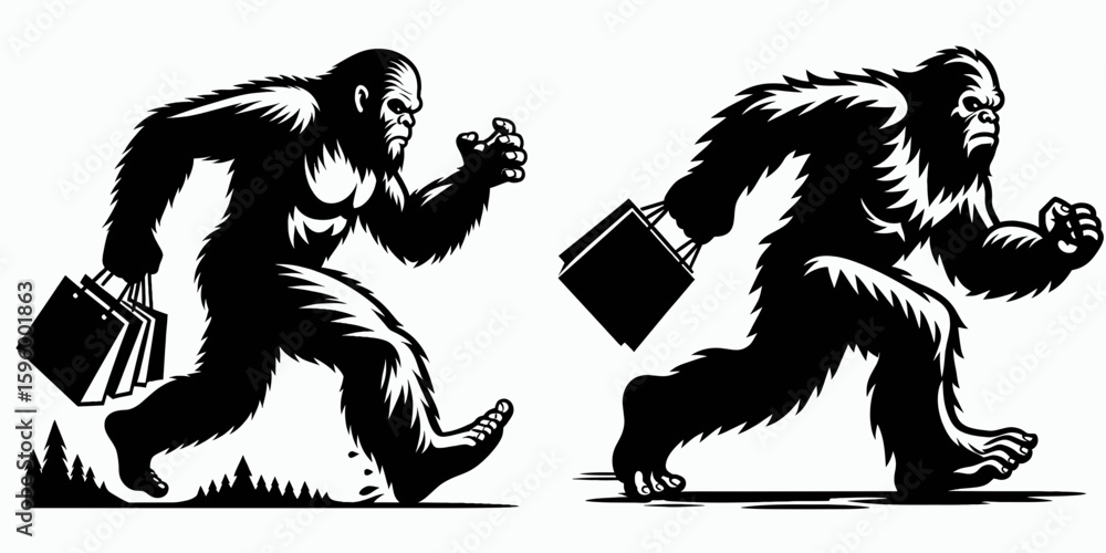 Fototapeta premium Bigfoot running through mall Black Friday. Sasquatch a Large Hairy Humanlike Creature Cartoon Animal Clipart Line Art Vector Illustration. sprints inside bargain center post-thanksgiving.
