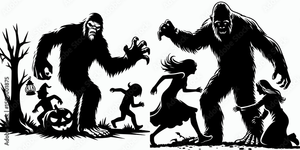 Fototapeta premium Bigfoot scaring children Halloween. Sasquatch a Large Hairy Humanlike Creature Cartoon Animal Clipart Line Art Vector Illustration. frightening youngster trick-or-treat night terror.