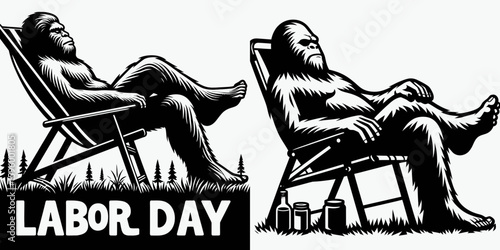 Bigfoot reclining lawn chair Labor Day. Sasquatch a Large Hairy Humanlike Creature Cartoon Animal Clipart Line Art Vector Illustration. relaxing seat holiday weekend backyard chill.