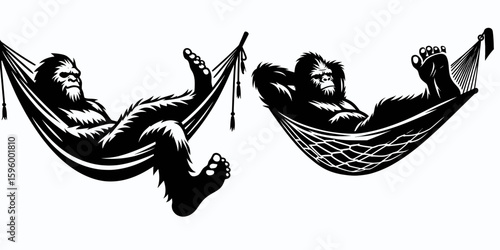 Bigfoot relaxing in hammock Labor Day. Sasquatch a Large Hairy Humanlike Creature Cartoon Animal Clipart Line Art Vector Illustration. ape unwinding sling during holiday weekend observance.