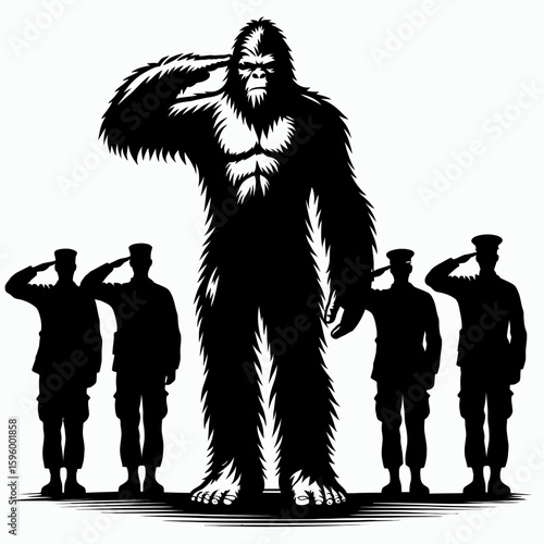 Bigfoot saluting soldiers Veterans Day. Sasquatch a Large Hairy Humanlike Creature Cartoon Animal Clipart Line Art Vector Illustration. humanoid honoring armed service member on day.