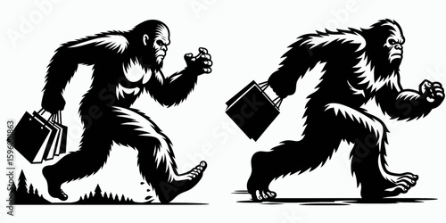Bigfoot running through mall Black Friday. Sasquatch a Large Hairy Humanlike Creature Cartoon Animal Clipart Line Art Vector Illustration. sprints inside bargain center post-thanksgiving.