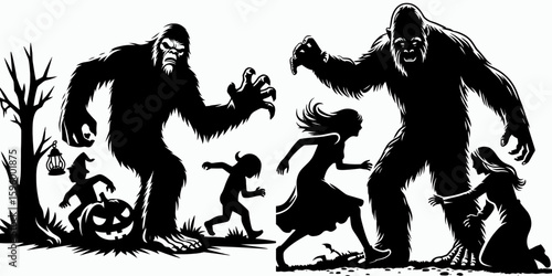 Bigfoot scaring children Halloween. Sasquatch a Large Hairy Humanlike Creature Cartoon Animal Clipart Line Art Vector Illustration. frightening youngster trick-or-treat night terror.