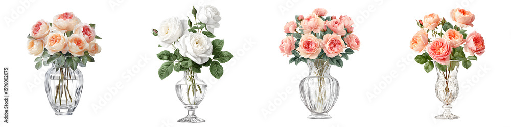 Fototapeta premium Pastel Rose Bouquet Collection: Elegant Floral Arrangements in Glass Vases