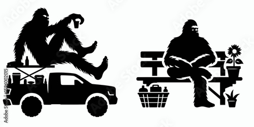 Bigfoot sitting on tailgate Fall Tailgating. Sasquatch a Large Hairy Humanlike Creature Cartoon Animal Clipart Line Art Vector Illustration. resting pickup truck gate autumn outdoor party.
