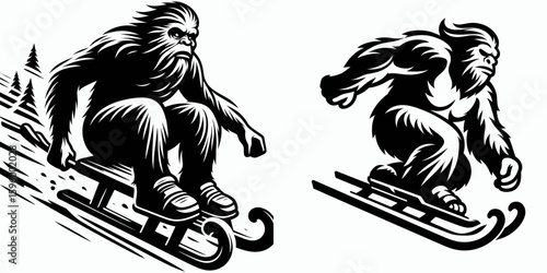 Bigfoot sledding downhill Christmas. Sasquatch a Large Hairy Humanlike Creature Cartoon Animal Clipart Line Art Vector Illustration. sliding icy slope holiday xmas fun.