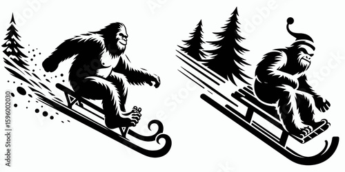 Bigfoot sledding downhill Christmas. Sasquatch a Large Hairy Humanlike Creature Cartoon Animal Clipart Line Art Vector Illustration. toboggan ride snowy slope holiday season fun.