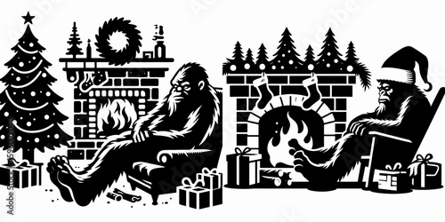 Bigfoot sleeping by fireplace Christmas. Sasquatch a Large Hairy Humanlike Creature Cartoon Animal Clipart Line Art Vector Illustration. Big dozing near hearth yuletide holiday.