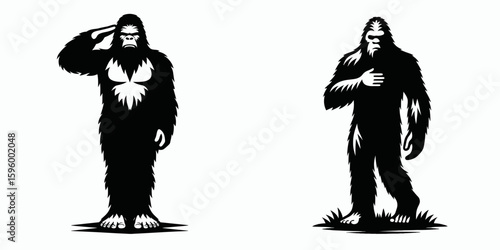 Bigfoot standing at attention Veterans Day. Sasquatch a Large Hairy Humanlike Creature Cartoon Animal Clipart Line Art Vector Illustration. hominid upright observance honor day for military.