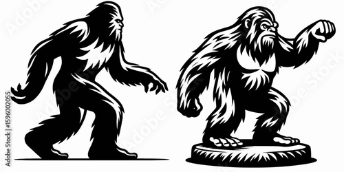 Bigfoot spinning dreidel Hanukkah. Sasquatch a Large Hairy Humanlike Creature Cartoon Animal Clipart Line Art Vector Illustration. biped rotates top during celebration of lights holiday.